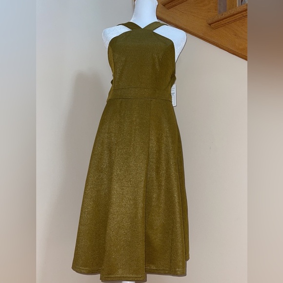 Women’s Cocktail Party Dress Size Large Shimmer Goldish Sexy Cross Neck Halter - Picture 5 of 9